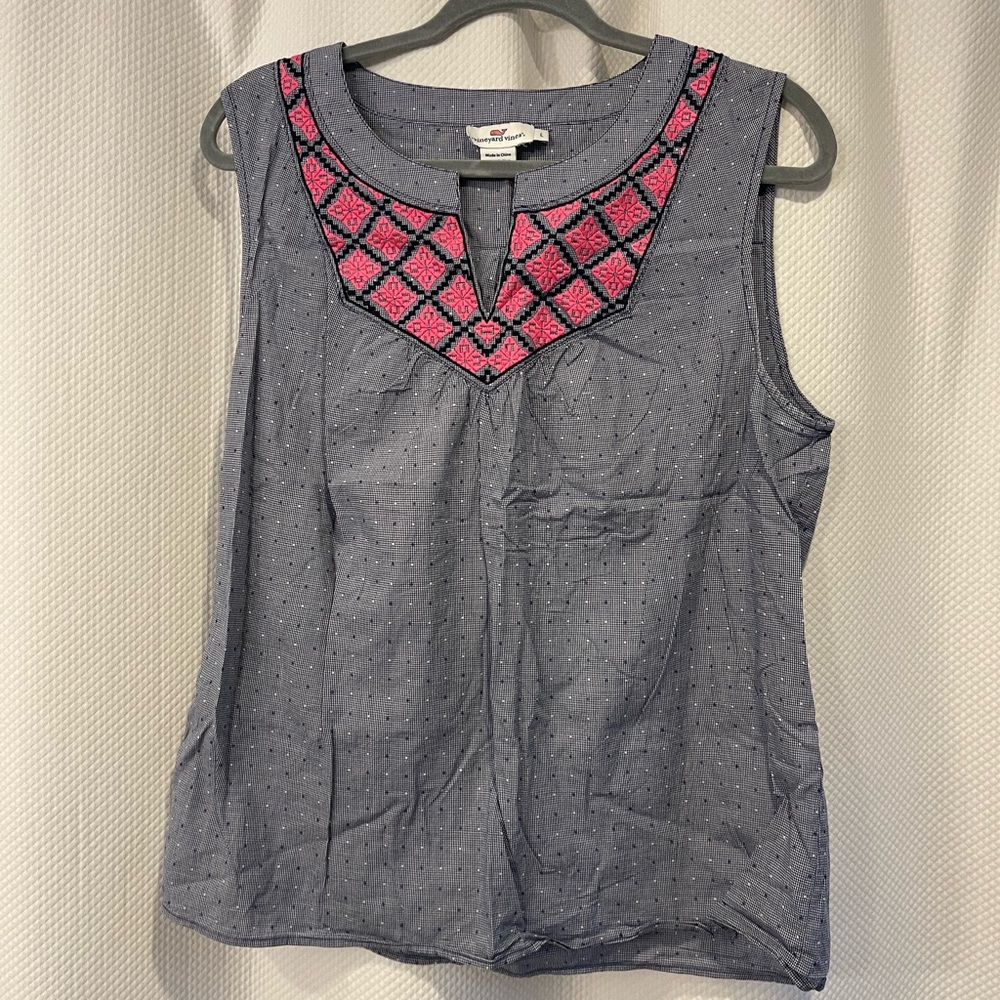 Vineyard Vines Navy Blouse with Pink Accents, size lg